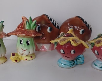 Vintage veggies family  salt and pepper shakers japan 1950s  AS IS 3 sets  kitschy anthropomorphic /free shipping prepaid tariff