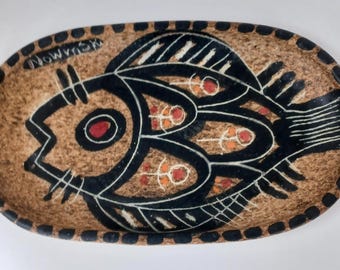 RARE JAime NOWINSKI Pottery large platter midcentury modern 1970s abstract fish 13" by 8"  artist signed front and back studio pottery