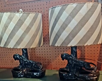 Vintage black panther lamp set with shades fiberglass 1960s/1970s/planter panther lamp set ceramic cat lamps abstract/midcentury/ prepaid ta
