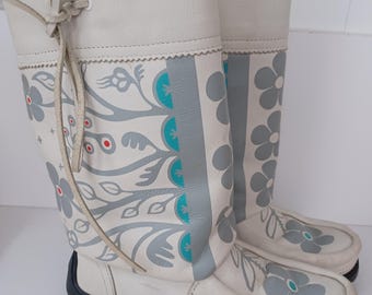 Special addition manatobah mukluks art by christi Belcourt only 150 pairs made turquoise white leather waterproofree shipping prepaid tariff