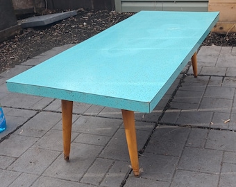 Large Vintage turquoise formica and wood coffee table gold fleck low long coffee table  Era 1960s rare  free shipping prepaid tariff
