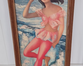 vintage EX LARGE 39" de haut imprimé kitsch fille aux grands yeux rose imprimé maio encadré à collectionner RARE