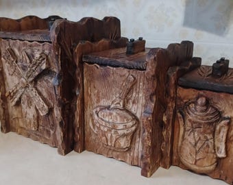 Vintage carved wood canisters/1970s /set of 3 /cottage decor country handmade canisters free shipping