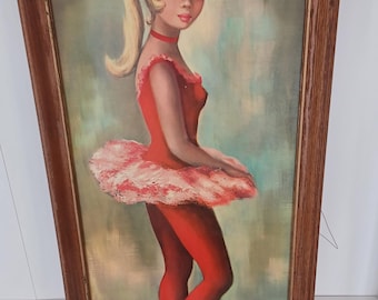 vintage EX LARGE 39" Tall impression kitsch grande ballerine aux grands yeux du milieu du siècle impression maio encadré collection RARE