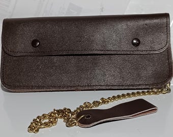 Portefeuille de sécurité marron vintage des années 1970 en cuir de qualité supérieure fabriqué au Canada, grande chaîne de 8 5" par 4" 12" excl ++/livraison gratuite tarif prépayé