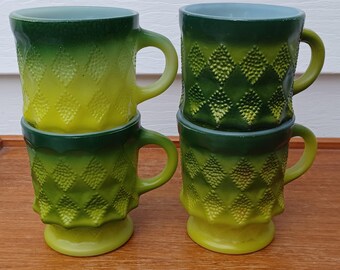 Green fireking Kimberly  coffee mugs/1960s/anchor hocking/abstract/midcentury modern/set of 4/great condition/free shipping prepaid tariff
