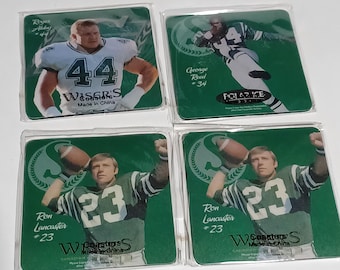 Vintage Saskatchewan Roughrider lot de 4 sous-verres Ron Lancaster neuf vieux stock wisers/polar ice/livraison gratuite tarif prépayé