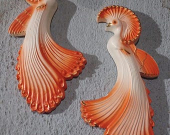RARE Orange  chalkware peacocks favor ware 14" retro   1960s/kitschy/rare/set of 2/free shipping
