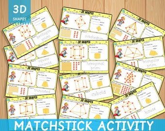 Matchstick et Playdoh Formes 3D Cartes d'apprentissage Homeschool Learning Montessori Toddler Activity Préscolaire imprimable Cure-dents Pâte Géométrie