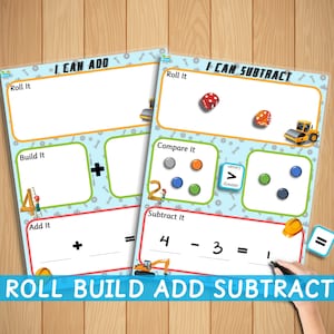 Roll Build Add Subtract Game Printable Worksheet Math Addition Subtraction Elementary Kindergarten First Grade Homeschool Kid Number Write