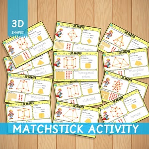 Cartões de aprendizagem de formas 3D de palitos de fósforo e massinha de modelar, atividade para crianças em casa, Montessori, pré-escola, impressão, massa de palito, geometria