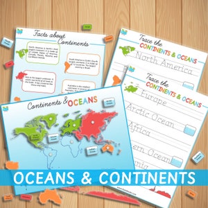 Kontinente und Ozeane Druckbare Karte Lernmatte Social Reading Erde Welt Geographie Aktivitätskarte Amerika Afrika Asien Ozeanien Antarktis Verkauf
