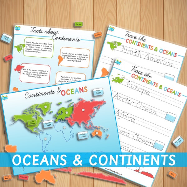 Continents & Oceans Printable Map Learning Mat Social Reading Earth World Geography Activity Map America Africa Asia Oceania Antarctica Sale