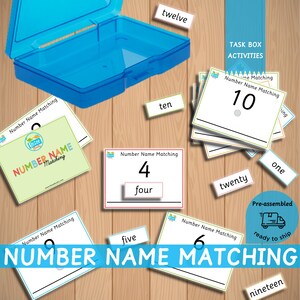 May include: A set of colorful number name matching cards for kids. The cards feature numbers 1 through 10, with the corresponding number word written below. The cards are pre-assembled and ready to ship.