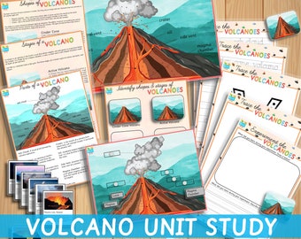 May include: A colorful educational resource for learning about volcanoes. The illustration shows a volcano with labeled parts, including the crater, ash cloud, side vent, and magma chamber. The resource includes worksheets, tracing activities, and an experiment section.
