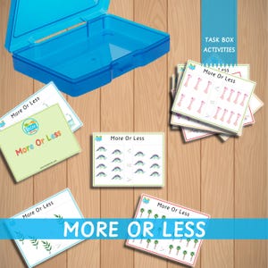 Actividad de caja de tareas Más o menos Juego portátil Montessori de aprendizaje temprano para llevar Matemáticas para la educación en el hogar Fundamentos de matemáticas Libro de actividades imprimible en formato PDF
