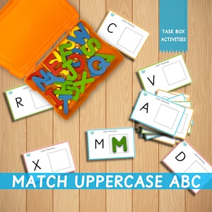 Actividad de caja de tareas para unir letras mayúsculas del alfabeto, aprendizaje temprano, juego portátil Montessori para llevar, aprendizaje en el hogar, lectura, fonética