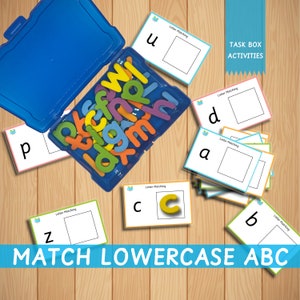 Actividad de caja de tareas para unir letras minúsculas del alfabeto, aprendizaje temprano, juego portátil Montessori para llevar, aprendizaje en el hogar, lectura, fonética