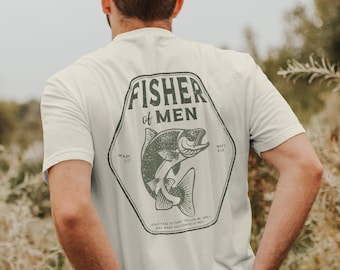 May include: A white t-shirt with a graphic of a fish and the text "Fisher of Men".