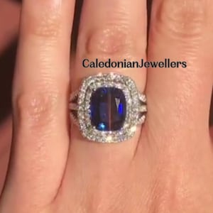 3.5CT Blue Cushion Cut Moissanite Engagement Ring, Double Halo Wedding Ring For Women, Full Eternity Split Shank Band, Blue Moissanite Ring.