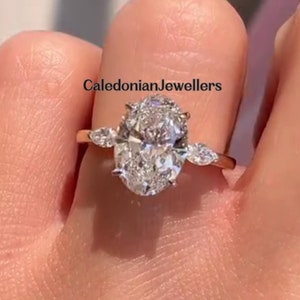 Oval Cut Moissanite Engagement Ring, Three Stone Ring,Side Stone Marquise Cut Wedding Ring For Women, Anniversary Gift,Promise Ring for Her.