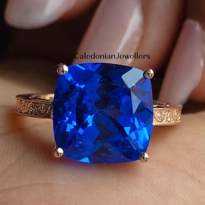Antique Blue Sapphire 6.50CT Cushion Cut Personalized Marriage Gift Jewelry, Vintage Filigree Style 10K Rose Gold Wedding Anniversary Band