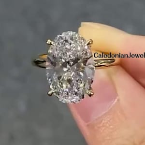 Oval Cut Moissanite Engagement Ring, 3CT Oval Cut 4Prong Silver Wedding Ring For Her, Plain Band Hidden Halo Anniversary Gift Ring For Women