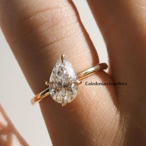 Vintage Style  Teardrop Pear Cut Moissanite Solitaire Classic Compass Prongs 14k Solid Yellow Gold Ring Wedding Anniversary Ring