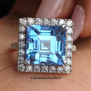 Aquamarine Princess Cut Gemstone Handcrafted Jewelry, Halo Setting Modern Gift Ring For Fiancée, Pave Setting With Unique Basket Style Ring