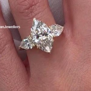 Solid Gold Marquise Moissanite Engagement Ring Side Pear Cut Promise Ring Three Stone Proposal Ring, Wedding Ring Anniversary Gift for Women