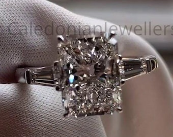 Three Stone Radiant Cut Engagement Ring With Baguette Side Stone Radiant Cut Anniversary Ring Wedding Ring Promise Ring Anniversary Gift