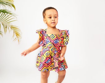 Baby Pink Ankara Square Neck Layered Ruffle Bodysuit Dress and Headband