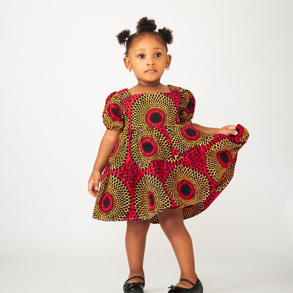 Red Ankara Puff Sleeve Dress