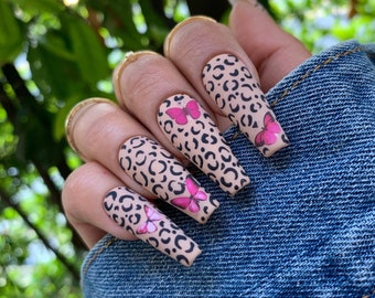 Animal Print False Nails | Pink Butterfly Press on Nails |Coffin Nails|Press On Nails|Cheetah Nails |Glue On Nails | Winter Nails