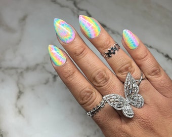 Pastel Rainbow Tie dye Nails  | Rainbow Nails | Press On Nails | Coffin Nails |  Glue on Nails | Easter Spring Pearl Nails