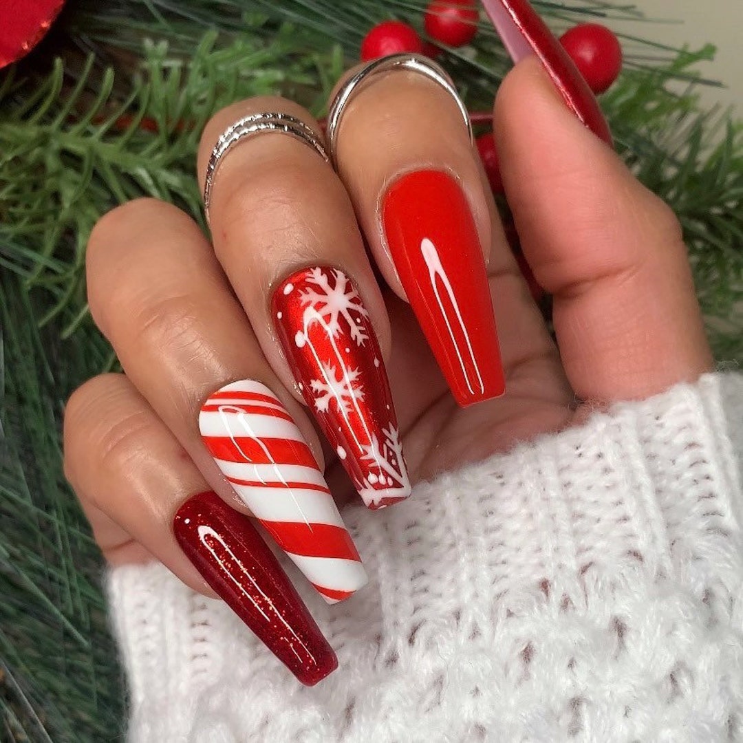 Red Holiday Nails Candy Cane Nails Christmas Press on Nails Coffin Ballerina Nails Winter Nails
