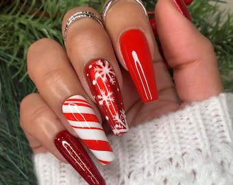 Red Holiday Nails| Candy Cane Nails | Christmas | Press On Nails | Coffin Ballerina Nails | Winter Nails | Glitter Nails Winter Nails