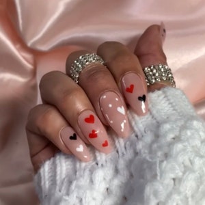 Multi Color Hearts Press on Nails Coffin Nails Ballerina Nails Heart Nails Glue On Nails Valentines Day Nails Nude Nails image 2