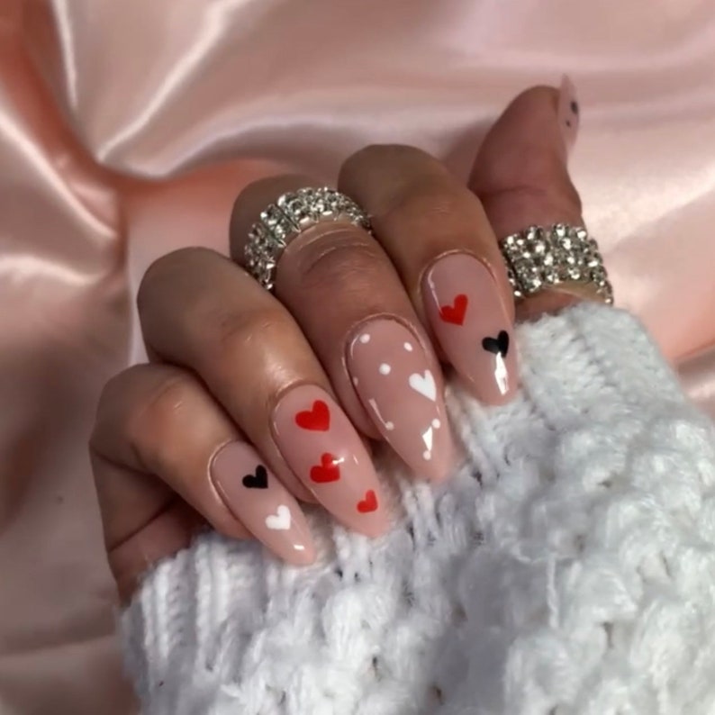 Multi Color Hearts Press on Nails Coffin Nails Ballerina Nails Heart Nails Glue On Nails Valentines Day Nails Nude Nails image 2