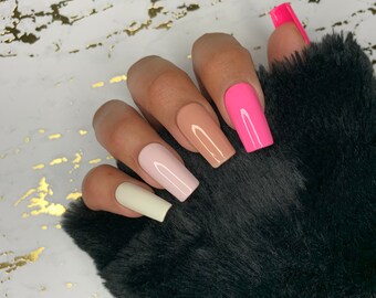 Pink Gradient Nails|Press on Nails|Pink Nails|Gradient Nails|Coffin Ballerina Nails |Hot Pink Nails|glue on | False Nails | luxury press on