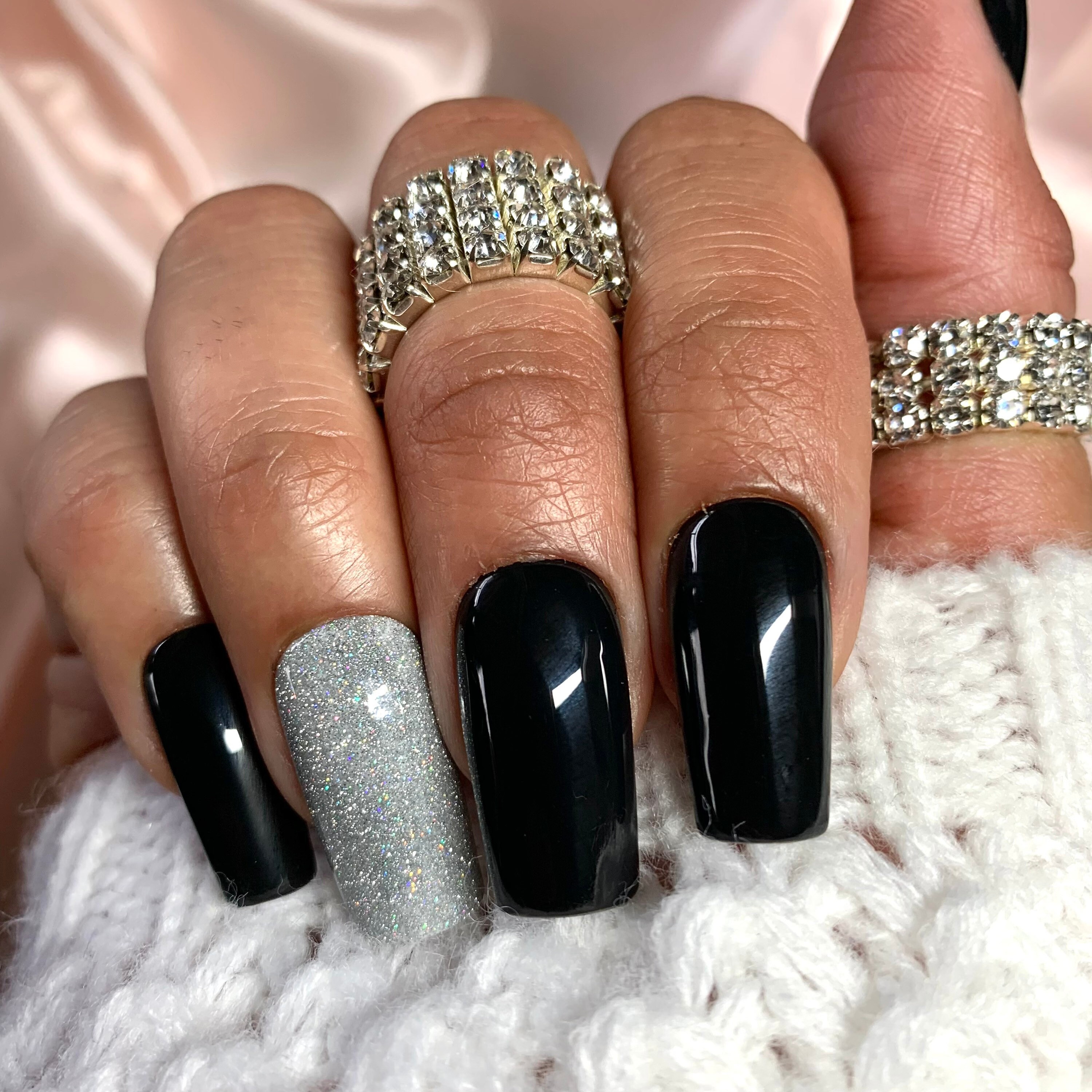 Black and Silver Reflective Nails Press on Nails Coffin Nails