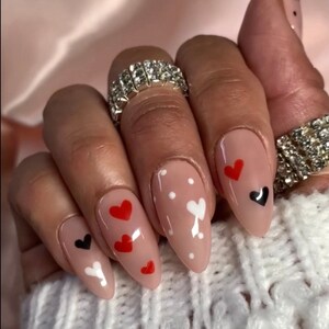Multi Color Hearts Press on Nails Coffin Nails Ballerina Nails Heart Nails Glue On Nails Valentines Day Nails Nude Nails image 1