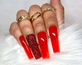 Red Nails | Glitter Red Nails |  Luxury Press on Nails | Handmade Press ons | Vday Nails | Valentines Day Nails | Ballerina Coffin Nails