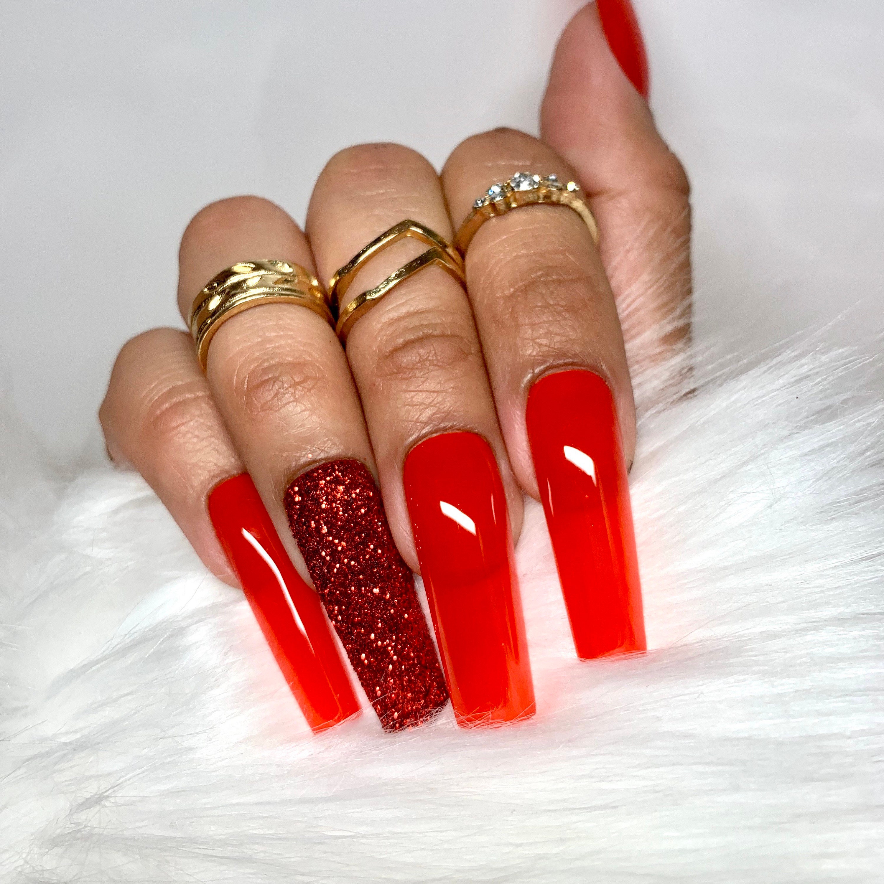 Red Glitter French Tip Nails Bling Nails Nude Nails Long Nails Glitter Nails  Valentine Nailsluxury Nails Red Nails Glam Nails 