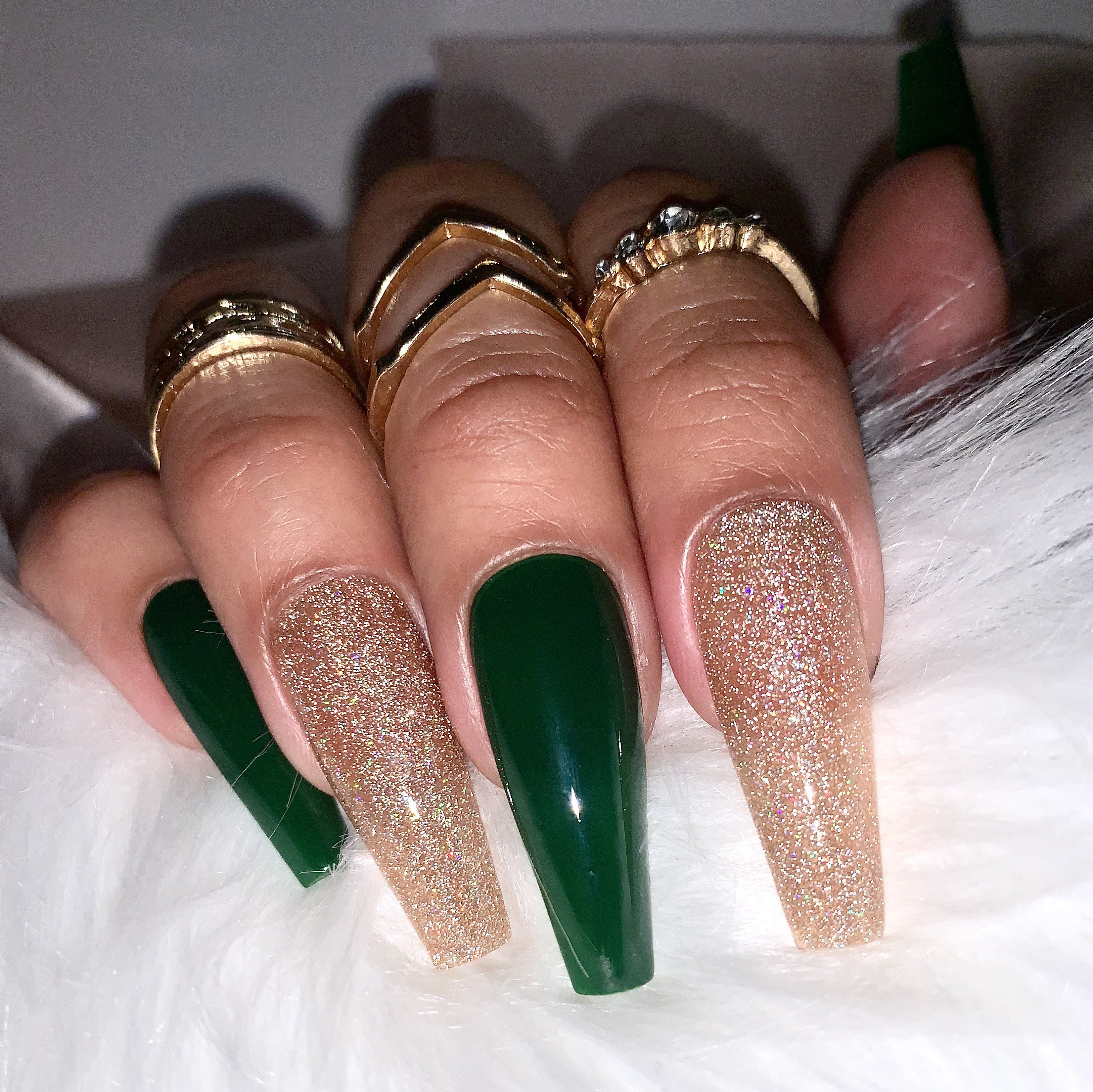 Uñas Verde Esmeralda y Oro / Uñas Reflectantes Glitter Gold / - Etsy España