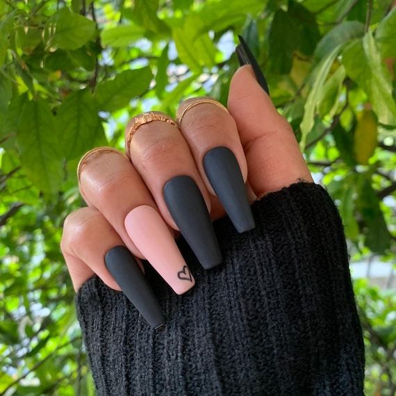 Black Heart Press on Nails Coffin Ballerina Nails Black Nails Glue