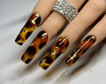 Tortoise Nails with Gold | Brown Press on Nails | Coffin Nails| Press On Nails | Animal Print Nails | Glue On Nails | Fall Nails