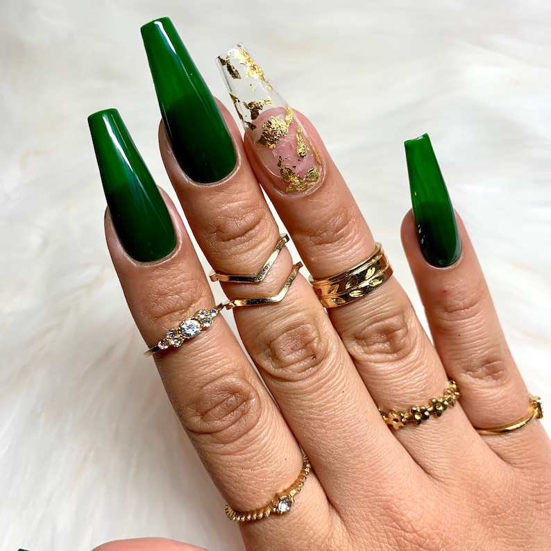 Emerald Green and Gold Press on Nails Holiday Christmas Nails Winter Nails image 2