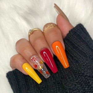 Fall Leaves Press On Nails | Coffin Ballerina Nails | Winter Nails | Orange Brown Red Yellow Nails | Glue on Winter Nails