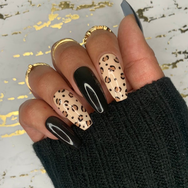 Presse à imprimer animale sur ongles | Ongles noirs | Cheetah Leopard Print Nails | Ballerina Coffin Nails | Colle sur les ongles | Safari Nails | Faux ongle